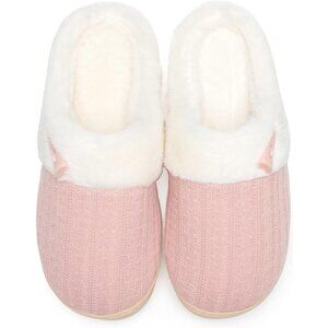 Women's Light Pink Scuff Fur Lining Memory Warm Foam Plush Rubber Slippers Shoes